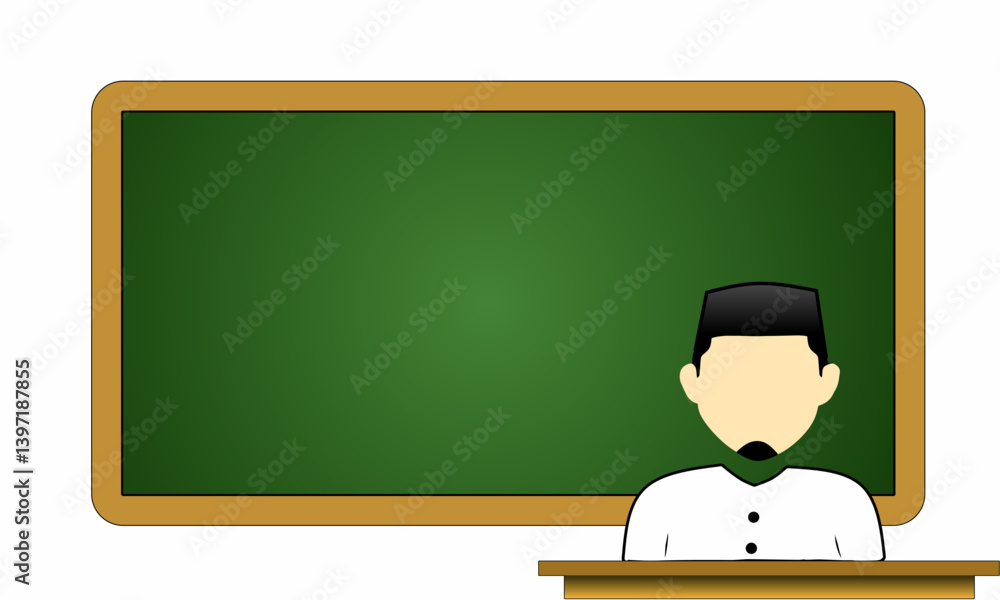teacher in front of blackboard. Vector Illustration of a Faceless Muslim Teacher Standing in Front of a Blank Blackboard. Simple Cartoon Muslim Teacher Icon with Blank Chalkboard