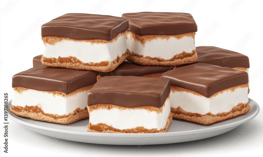 Chocolate-covered marshmallow squares on plate; sweet treat; food photography; dessert; white background Chocolate-covered marshmallow squares on plate; sweet treat; food photography; dessert; white background