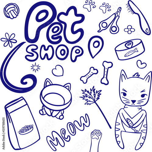 Pet shop, veterinary store. Bowl, toys, brush, ball. Pet care and different accessories for cats, dogs. Hand drawn vector illustration. Isolated design elements. Lettering 