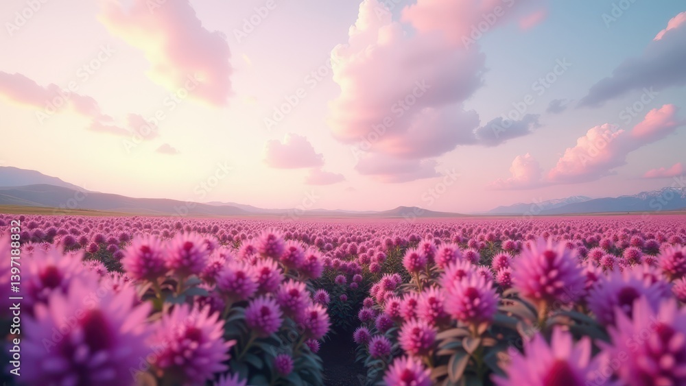 Fototapeta premium Vast pink flower field under pastel sunset sky with distant mountains 