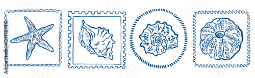 Vintage marine stamp with hand drawn seashells. Minimalist vintage marine prints. Summer coastal design elements for trendy poster, invitation, banner, menu cover. Retro frame or border design