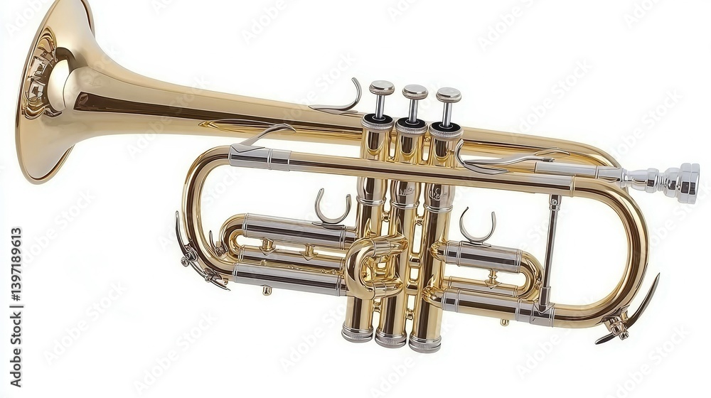 Obraz premium Shiny Gold Cornet Isolated on White, Musical instrument, Brass instrument