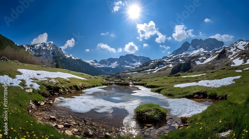 Wide Angle View of Spring in the French Alps Under Bright Sky