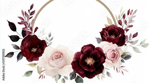 Fototapeta Naklejka Na Ścianę i Meble -  Burgundy Red Roses Watercolor Invitation Template Vintage Floral Wreath Frame Design