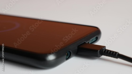 A detailed shot of a phone charging port with a charging cable plugged in.