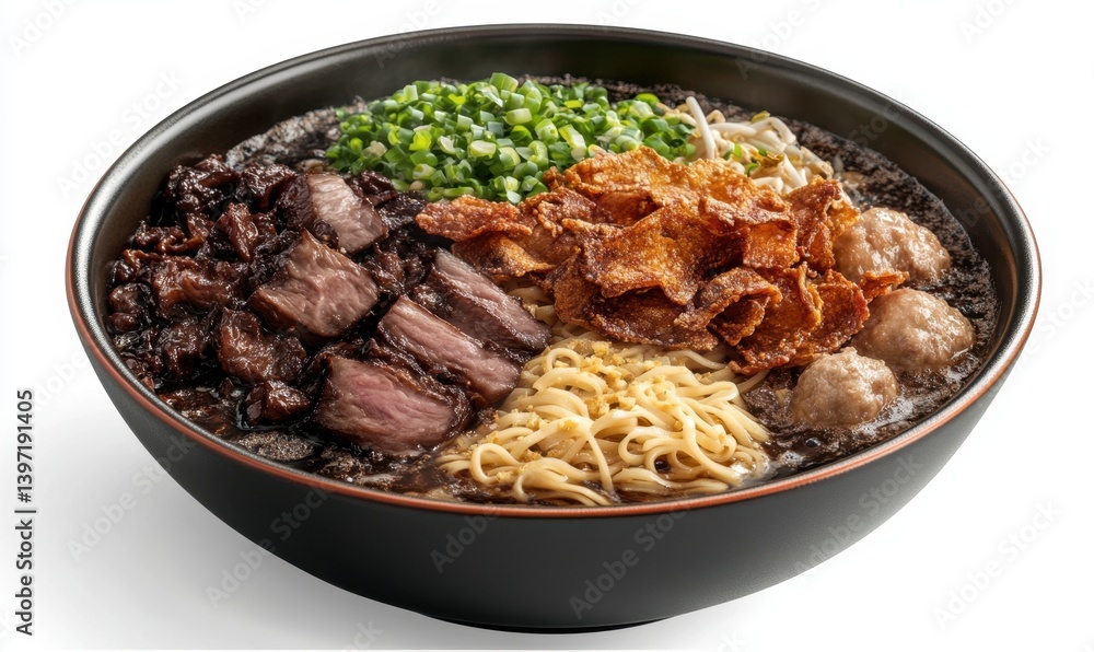 Delicious beef noodle soup with toppings, studio shot, food photography, for restaurant menus Delicious beef noodle soup with toppings, studio shot, food photography, for restaurant menus