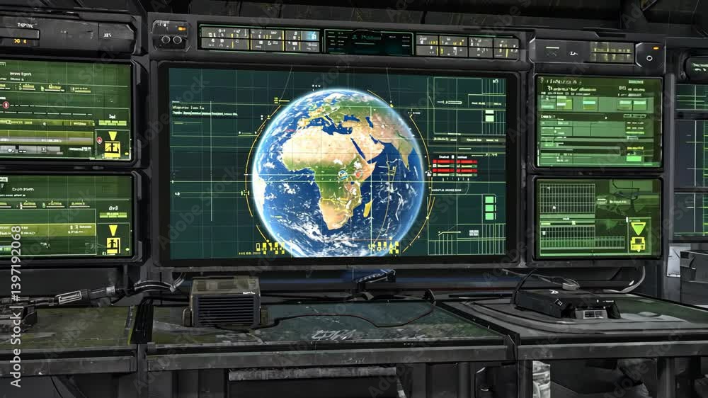 Future Earth Control Room with Multiple Digital Display Screens Showing Globe, Data, and Graphics for Monitoring and Analysis Future Earth Control Room with Multiple Digital Display Screens Showing Globe, Data, and Graphics for Monitoring and Analysis