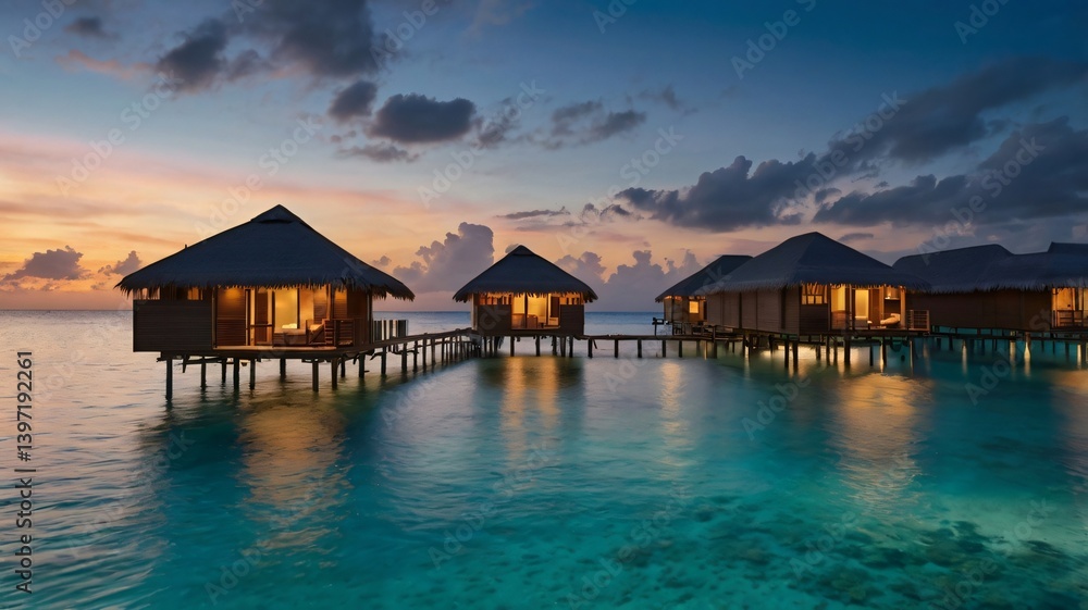 Panoramic View of Luxurious Overwater Bungalows at Sunset Panoramic View of Luxurious Overwater Bungalows at Sunset