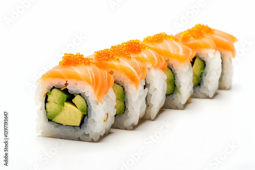 A salmon and avocado sushi roll on a white background