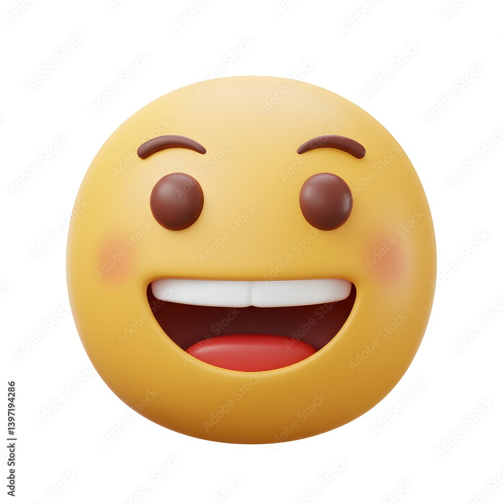 Fototapeta premium Joyful 3D Emoji Rendering: A Giggle-Inducing Yellow Smiley Face with Brown Eyes and Blush
