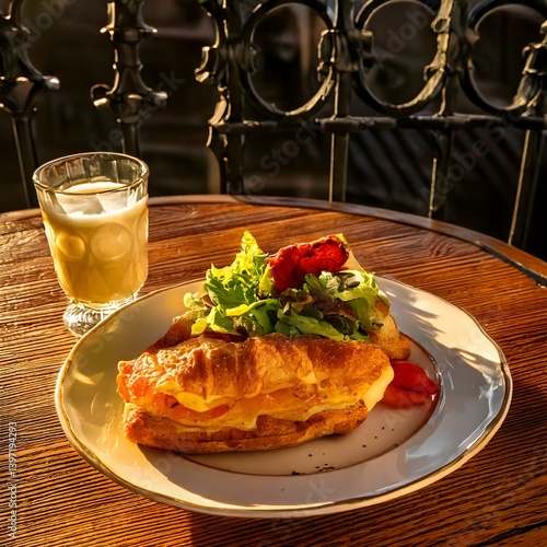 A French café table with a croque monsieur, side salad, and a café au lait, all bathed in golden evening light with soft shadows of wrought iron railings across the table.
