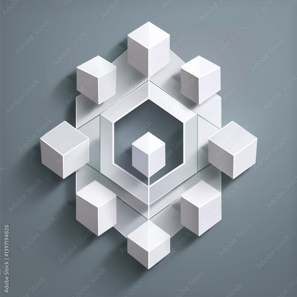 abstract 3D tunnel, geometric illusion, white cubes, modern architecture, perspective depth, symmetrical design, cube structure, optical illusion, abstract art, minimal color palette, futuristic space abstract 3D tunnel, geometric illusion, white cubes, modern architecture, perspective depth, symmetrical design, cube structure, optical illusion, abstract art, minimal color palette, futuristic space