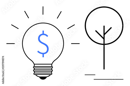 Lightbulb with blue dollar sign and tree outline conveying creativity, financial success, sustainability, innovation. Ideal for ideas, energy, economy, eco-friendly concepts, growth and green