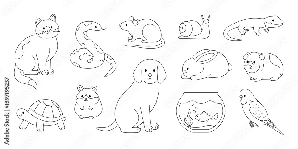 Obraz premium Cute pets coloring page. Outline set with cat, dog, rabbit, guinea pig, hamster, rat, parrot, fish, snake, turtle, lizard and snail. Contour domestic animals collection. Coloring book for print
