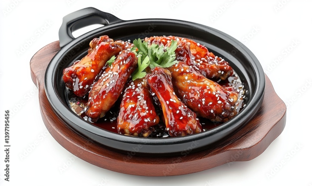 Glazed chicken wings on sizzling platter, studio shot, food photography, restaurant menu Glazed chicken wings on sizzling platter, studio shot, food photography, restaurant menu