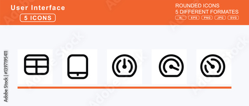 Set of 5 rounded user interface icons,table, columns, layout, list, picnic, pivot