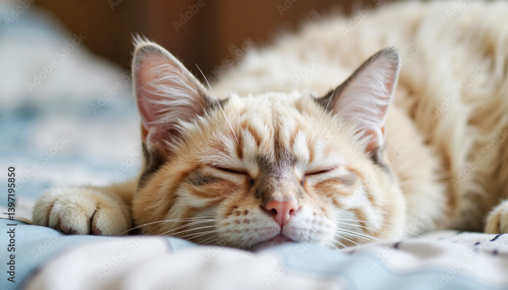 Calm resting cat sleeping peacefully on soft bedding, serene comfort Calm resting cat sleeping peacefully on soft bedding, serene comfort