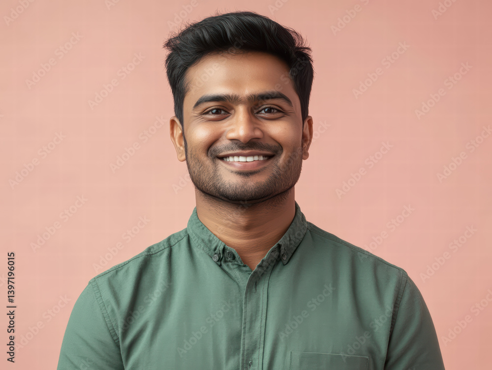 Smiling Man Portrait: A young man with dark hair and a beard, dressed in a green shirt, looks directly at the camera with a warm, genuine smile, radiating positivity and confidence. Smiling Man Portrait: A young man with dark hair and a beard, dressed in a green shirt, looks directly at the camera with a warm, genuine smile, radiating positivity and confidence.