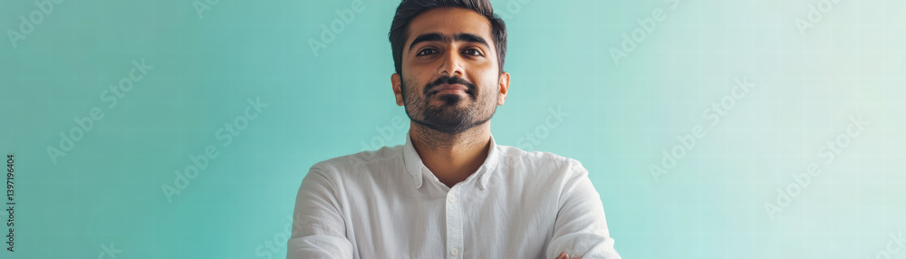 Fototapeta premium Confident Man Portrait: A portrait of a young man with a confident expression, arms crossed, against a teal background. He exudes self-assurance and positive energy.