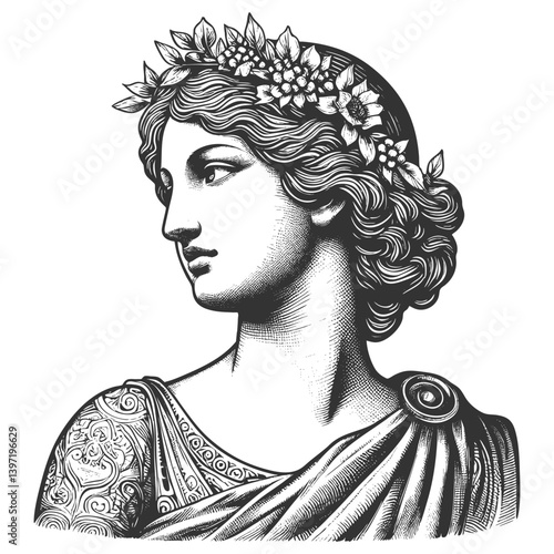 regal woman in ancient attire, adorned with a floral crown and detailed ornamental dress sketch engraving generative ai vector illustration. Scratch board imitation. Black and white image.