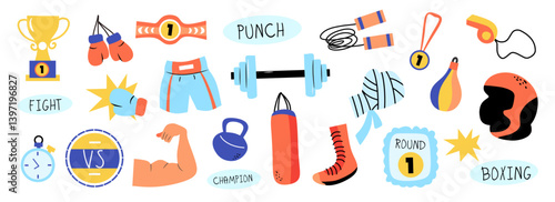 Boxing doodle elements collection. Set of colorful sports equipment. Isolated hand drawn flat icons with text and lettering. Competition strength championship signs and symbols vector illustration.