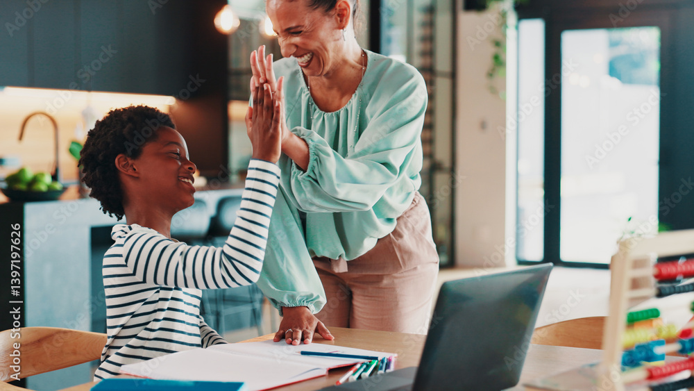 Homework, laptop and woman high five child in home for online learning, education and virtual lesson for school. Happy, family and mother celebrate with boy on computer for test, answer and good job