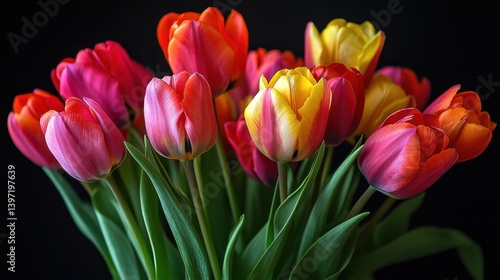 Vibrant bouquet of multicolored tulips against a dark background, showcasing nature's beauty.