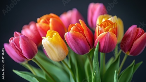 Vibrant bouquet of multicolored tulips against a dark background, showcasing their vivid petals and lush green leaves.
