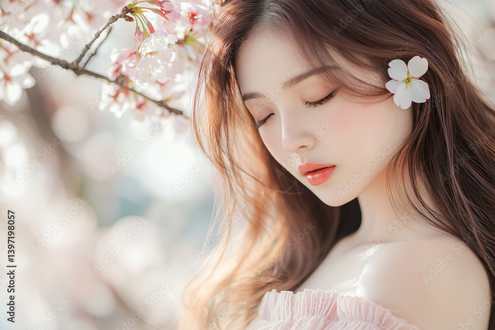 Dreamy Springtime Close-Up: Young Asian Woman in Blush Pink Off-Shoulder Dress with Cherry Blossom Petals, Sunlit Silky Hair, and Poetic Floral Background in Soft Pastel Tones
Dreamy Springtime Close-Up: Young Asian Woman in Blush Pink Off-Shoulder Dress with Cherry Blossom Petals, Sunlit Silky Hair, and Poetic Floral Background in Soft Pastel Tones
