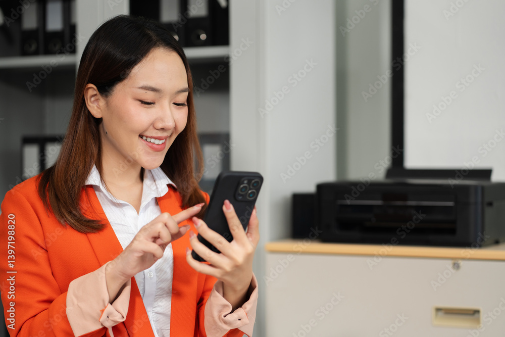 Business woman uses mobile phone to chat with friends during her free time.