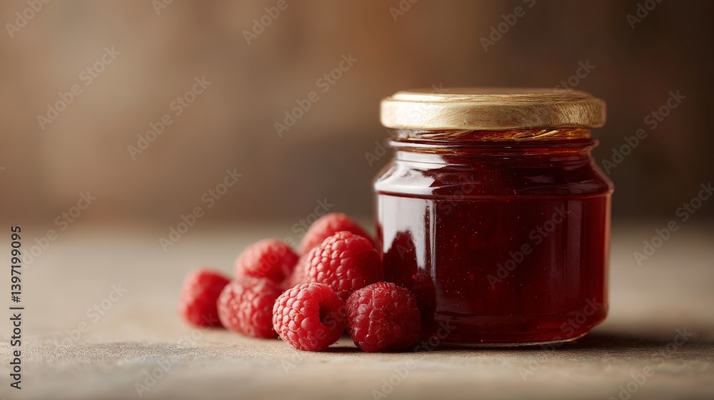 a jar of raspberry jam with fresh raspberries beside it
