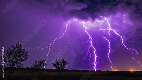 Dramatic lightning storm illuminates a dark, rural landscape at night with intense purple skies and flashes