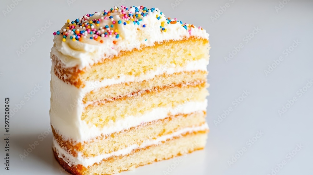 Layered Vanilla Cake Sprinkles and Frosting, Clean Bright Style, High Resolution Sharp Focus, Close-up Side View, Delicious Sweet Treat, White Background, Creamy White Mood, Perfect for Baking Blogs