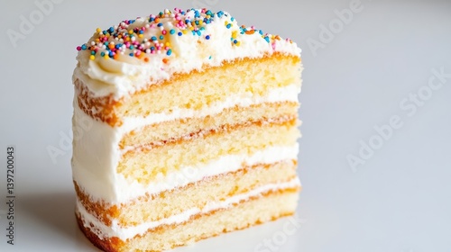 Obraz na płótnie Layered Vanilla Cake Sprinkles and Frosting, Clean Bright Style, High Resolution Sharp Focus, Close-up Side View, Delicious Sweet Treat, White Background, Creamy White Mood, Perfect for Baking Blogs w salonie