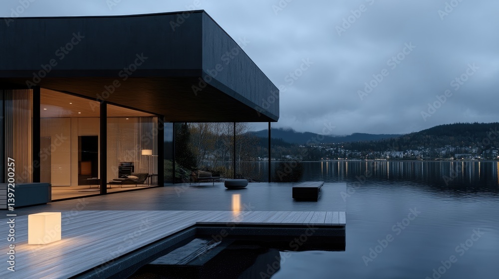 Obraz premium Modern lake house at dusk with a minimalist design. Exterior view of a contemporary home featuring large windows, a deck overlooking a pool, and serene water views