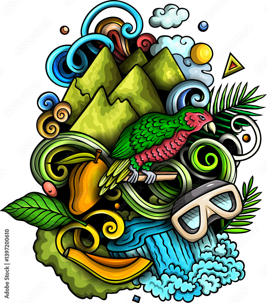 Fototapeta premium Funny doodle illustration with Dominica theme. Vibrant and eye-catching design, capturing the essence of North America culture and traditions through playful cartoon symbols