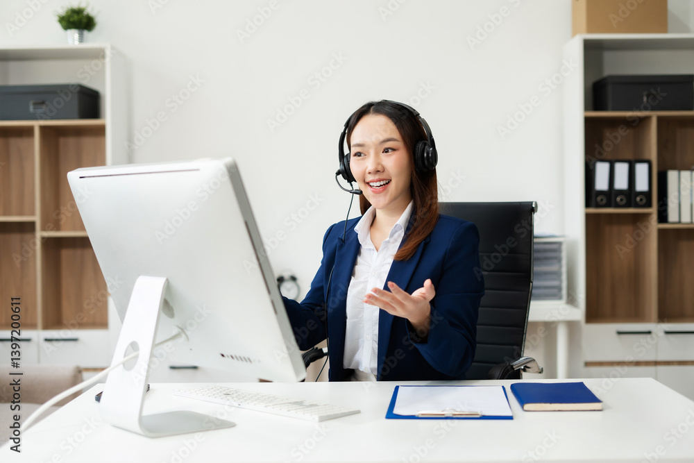Friendly smiling female call-center agent with headset working on support hotline in office.