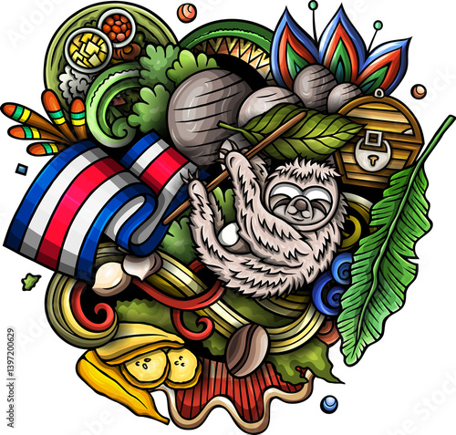 Funny doodle illustration with Costa Rica theme. Vibrant and eye-catching design, capturing the essence of Central America culture and traditions through playful cartoon symbols