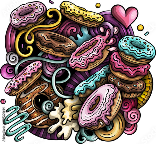 Donuts doodles illustration. Sweets design. Doughnut elements and objects cartoon background. Bright colors funny picture