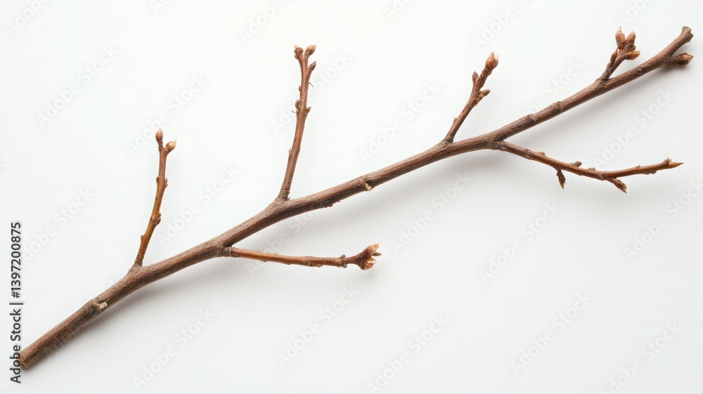 Single Brown Twig with Buds on White Background Single Brown Twig with Buds on White Background