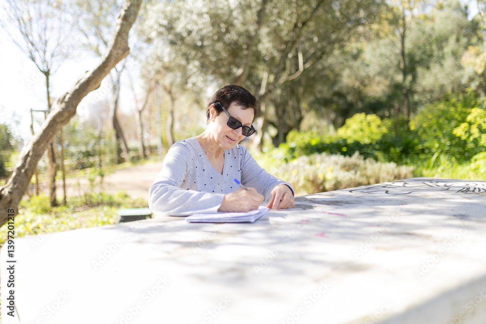 Fototapeta premium Senior woman writing outdoors in a sunny park