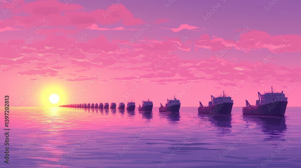 Fototapeta premium A line of cargo ships halted at sea near invisible trade borders