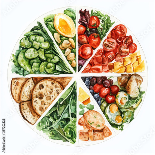 vibrant watercolor painting showcases colorful assortment of fresh vegetables, fruits, and grains arranged pie chart style. This artwork beautifully captures essence of healthy eating