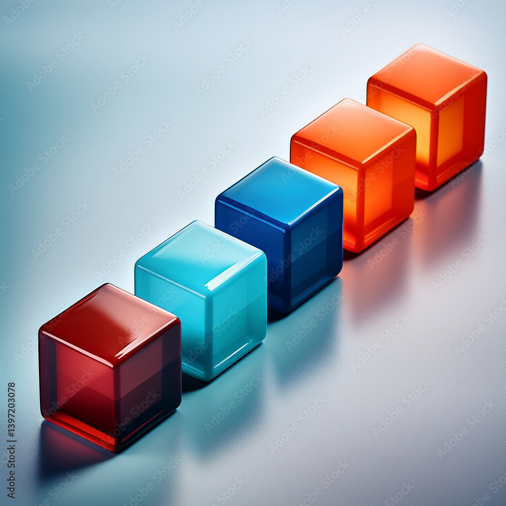 translucent cubes, glossy 3D shapes, colored blocks, modern design, geometric abstraction, digital art, vibrant reflections, orange and blue hues, artistic lighting, minimalist composition, glass-like translucent cubes, glossy 3D shapes, colored blocks, modern design, geometric abstraction, digital art, vibrant reflections, orange and blue hues, artistic lighting, minimalist composition, glass-like