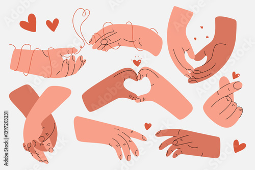Hands holding together set. Human palm gestures with fingers flat cartoon style, abstract man woman hands touching and hugging with heart shape. Vector collection