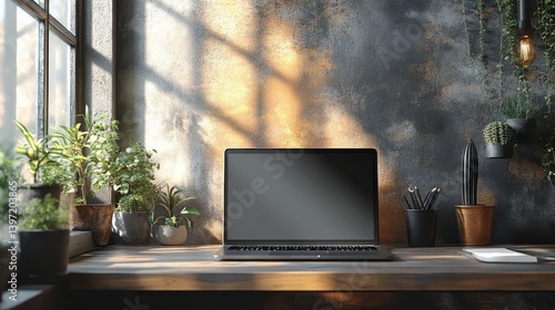 Desk with laptop, plants, and pencils by window with natural light