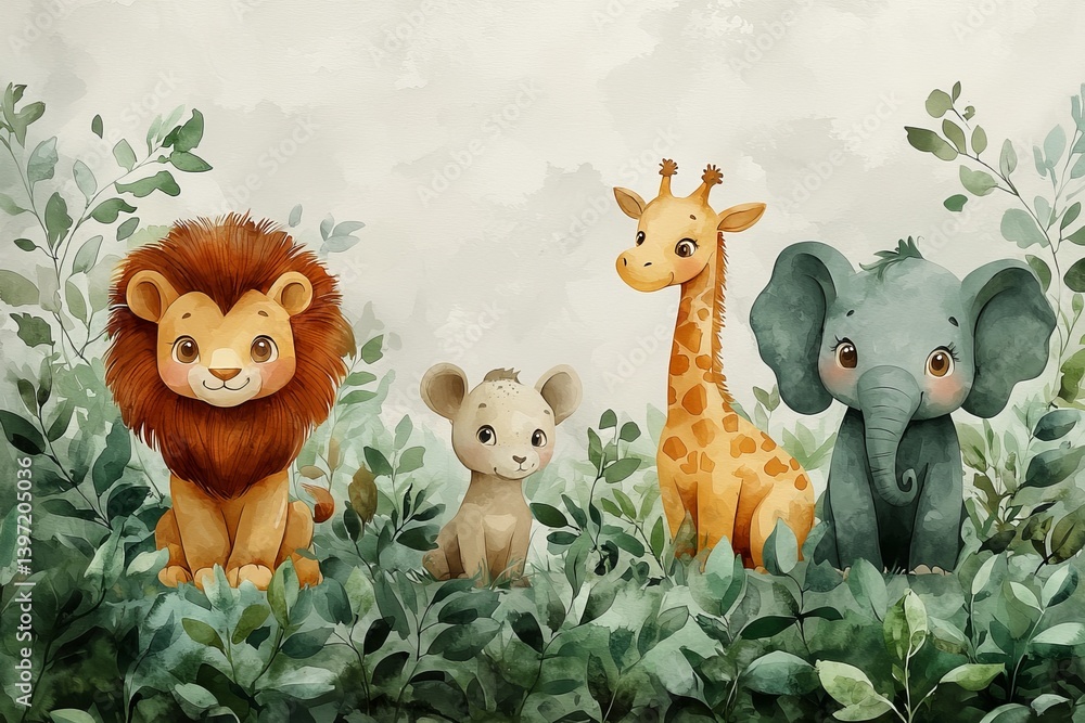 Naklejka premium The watercolor artwork showcases charming baby safari animals, such as affectionate lions, curious elephants, and lively zebras