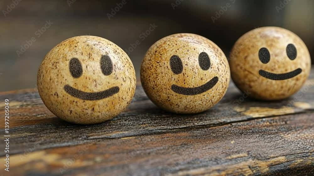 Three Wooden Smiley Faces on Rustic Wood - Positive Feedback, Happiness, and Good Mood Concept Three Wooden Smiley Faces on Rustic Wood - Positive Feedback, Happiness, and Good Mood Concept