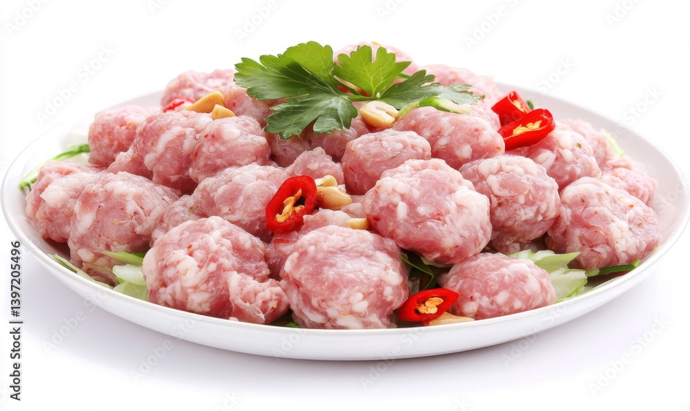 Raw pork meatballs, chili, peanuts, parsley, plate, food photography, recipe ingredient Raw pork meatballs, chili, peanuts, parsley, plate, food photography, recipe ingredient