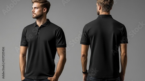 Man wears a black polo shirt with buttons, casual look. Front and back view